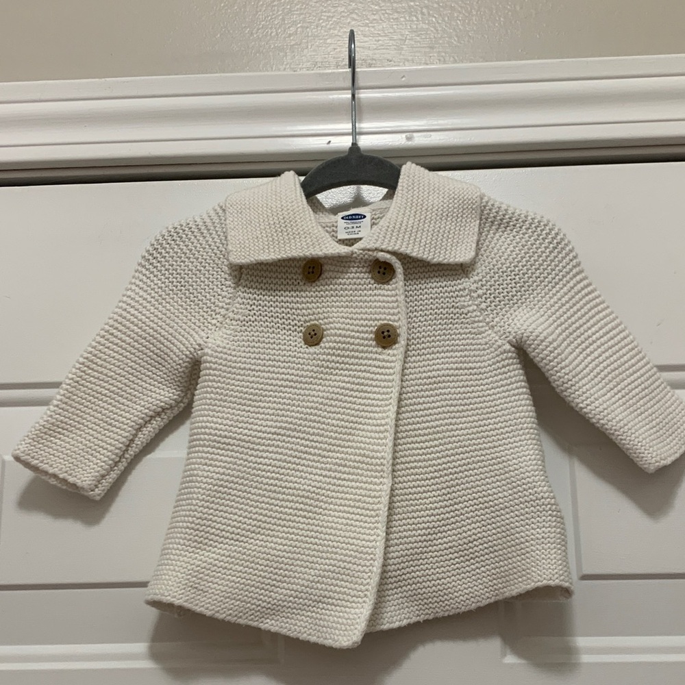 4/$10 Old Navy 100% Cotton Size 0-3 Month Cream Knit Pea Coat Sweater Jacket